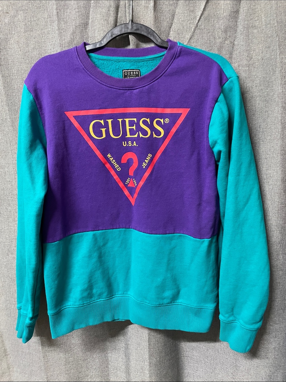Guess Vintage Colorblock Sweatshirt Small Purple Teal Retro Streetwear